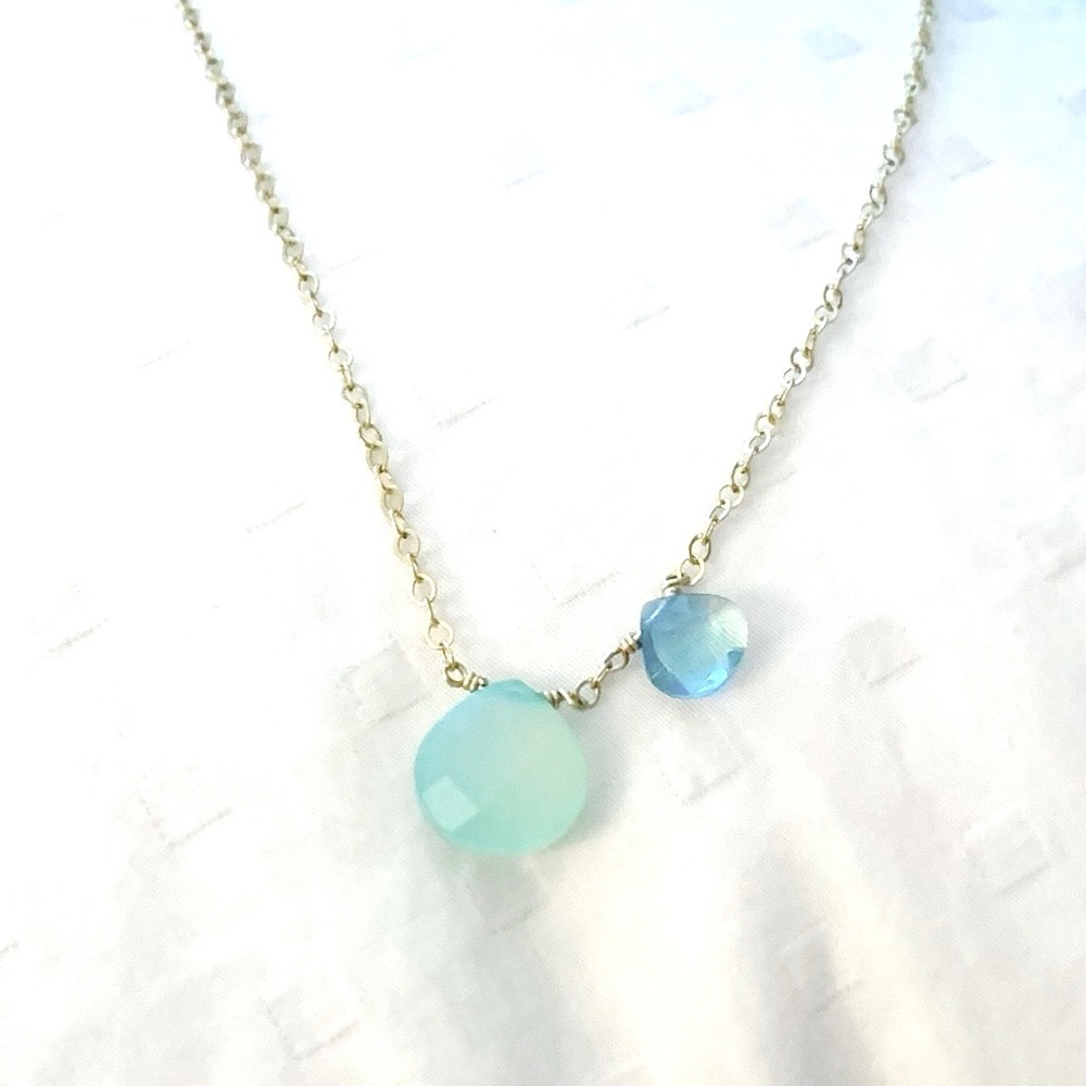 FINE JEWELRY 14K Gold Filled Chain with Blue Topez/ Chalcedony Double Gemstone - Picture 2 of 4